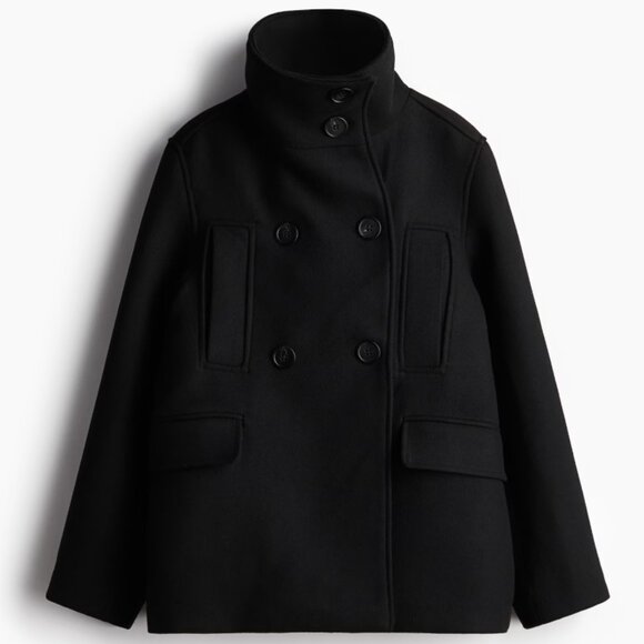 H&M Black Peacoat High Collar Jacket Coat - Picture 1 of 14